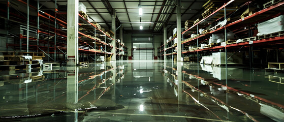 An industrial warehouse with metal shelves and machinery, water flooding the concrete floor from a broken pipe, creating reflections of the stark, utilitarian space and the harsh overhead lights