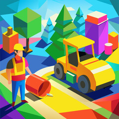 Naklejka premium Illustration of Road Building Construction Site: Engineer and Worker with Yellow Double Drum Roller - Cartoon Vector, Isolated AI Generative