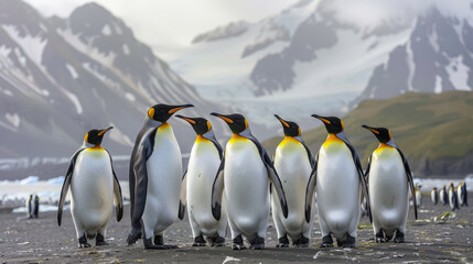Obraz premium King penguins standing together on a beach with mountains.