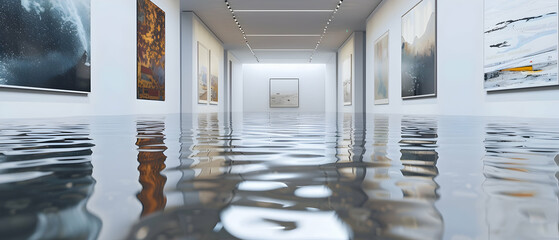 An art gallery with white walls and contemporary pieces, water flooding the floor from a broken sprinkler, creating reflections of the artwork and the gallery lighting