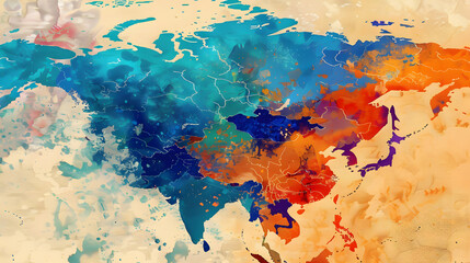 Digital map of Asia Oil color painting. Generative AI.