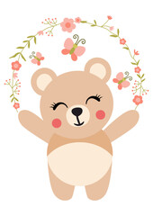Cute teddy bear with wreath of flowers and butterfly