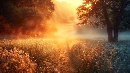 Obraz premium A path through a field with trees and grass in the background, AI