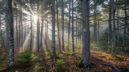 Late afternoon sunbeams filtering through dense forest trees
