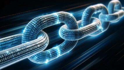 Digital chain links made of binary code for secure networks,.Blockchain technology illustrated through a digital chain link