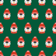 Seamless pattern cute penguin in knitted hat and scarf. Happy new year repeating background. Holiday cartoon character in winter season. Flat vector illustration 