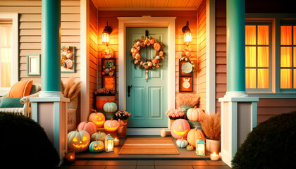 Obraz premium Halloween themed home porch decor with fall leaves, pumpkins, candles, jack-o'-lanterns in pastel colors of orange and mint in the evening