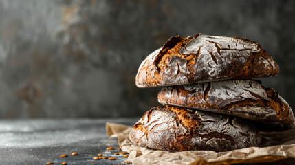 Stack of rustic sourdough rye bread loaves on parchment paper