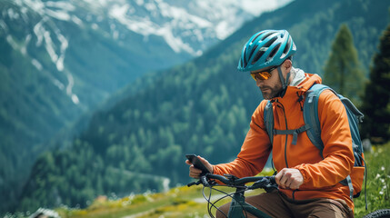 Male cyclist in sportswear taking a break in the mountains