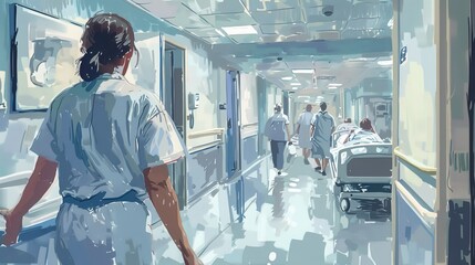 Nurse in the Hospital Ward: In a busy hospital ward, a nurse moves between patients, checking vital signs and ensuring everyone receives the care they need 