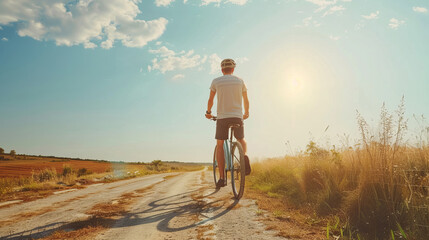 Male cyclist standing on rural road under bright sunlight