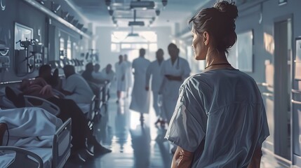 Nurse in the Hospital Ward: In a busy hospital ward, a nurse moves between patients, checking vital signs and ensuring everyone receives the care they need 
