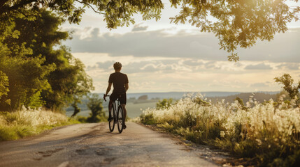 Male cyclist standing on rural road at sunset relaxing