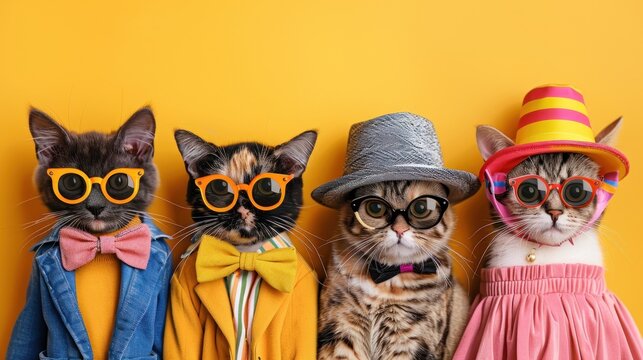Four cats with fashion accessories posing