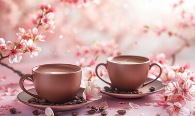 A romantic scene featuring two cups of hot chocolate served with elegance and artistic flair