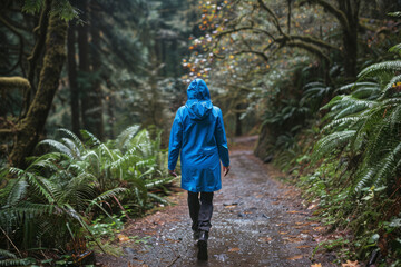 Fototapeta premium Woman in blue raincoat walking through a lush forest path
