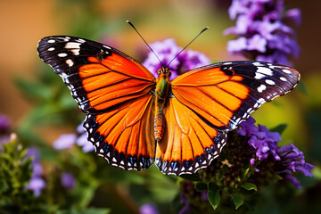 Obraz premium Butterfly on a purple flower in the garden close-up