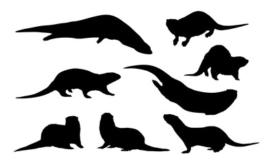 Set of Eurasian otter Lutra lutra silhouettes. The Eurasian river otter. Wild semiaquatic mammal of Eurasia. Realistic vector animal