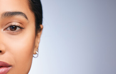 Beauty, model girl and mockup space with portrait in studio for skincare, dermatology and glow or...