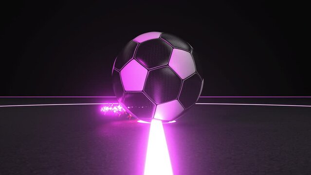 4k Video drehender Fu&szlig;ball mit Sternenschweif auf einem leuchtenden Fu&szlig;ballfeld. Infinity Loop. ProRes 4444
