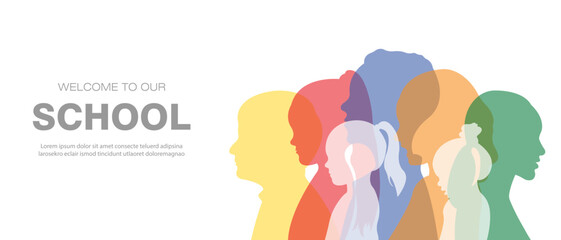 Welcome to our school. Horizontal banner with silhouettes of children.Flat vector illustration.