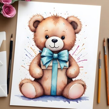 Ilustracja misia trzymającego prezent malowana akwarelami