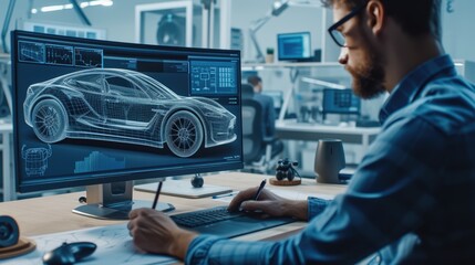 A man, wearing glasses, is working at a table in a building, designing a car using a computer. He focuses on the car's hood and automotive tires, making precise gestures for automotive lighting. AIG41
