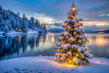 A beautiful winter scene with a snow-covered christmas tree on the shore of a frozen lake. the lights from the tree and the stars reflect on the ice, creating a magical atmosphere.