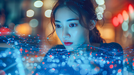 Young professional woman working late using digital tablet computer with augmented reality network graphics