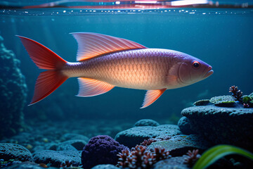 Naklejka premium A cartoon goldfish swims in a blue glass aquarium filled with water