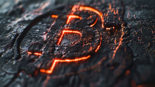 Glowing Bitcoin symbol etched in rough, dark surface, representing the power and influence of cryptocurrency in modern finance.
