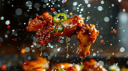 Crispy chillie sprinkled chicken wings on falling water