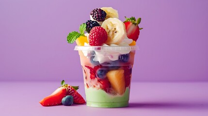 Cup of fruits ice cream green and purple background