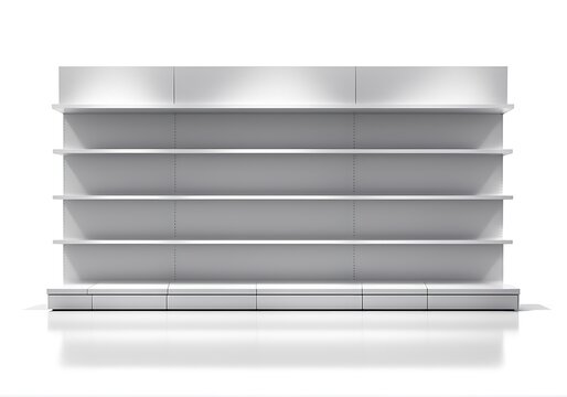  Supermarket Shelves With Blank Banners And POS Display Design. 3D rendering design. 