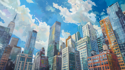 Modern skyscrapers of a smart city Oil color painting. Generative AI.