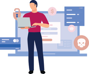 The boy is working on the laptop.