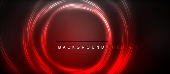 Neon glowing circle rays, light round lines in the dark, planet style neon wave lines. Energetic electric concept design for wallpaper, banner, background