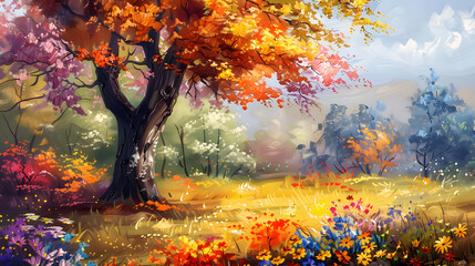 Painting of a tree with colorful flowers in the autumn season Oil color painting. Generative AI.
