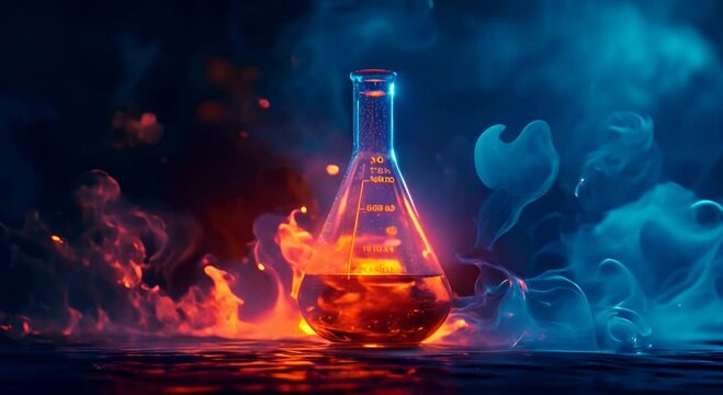 Luminous color chemicals in a volumetric flask in a dark smoke background