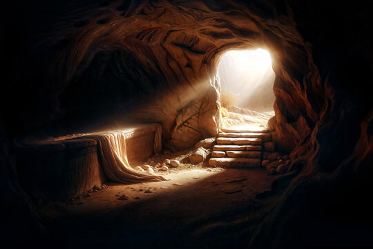 The empty tomb, with the stone rolled back - Easter story - Jesus Tomb Picture