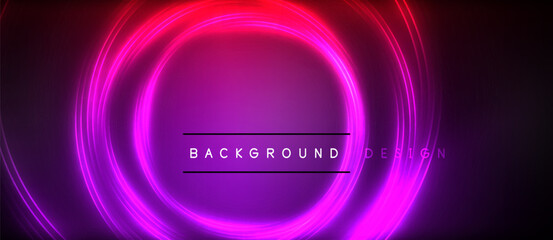 Neon glowing circle rays, light round lines in the dark, planet style neon wave lines. Energetic electric concept design for wallpaper, banner, background