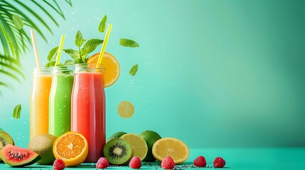 Fototapeta premium Fresh fruit deffrent smoothies green and aqua background
