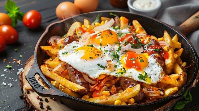 french fries topped with beef sliced tipical sausages chorrisos fried onion and eggs served in cast iron pan with sauces