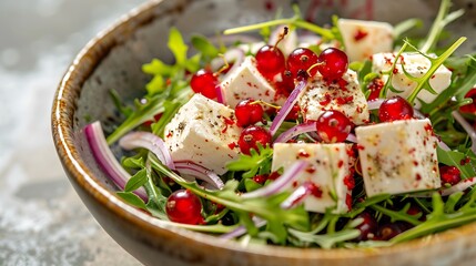 Fresh salad with arugula feta cheese red onion and red currant in a bowl