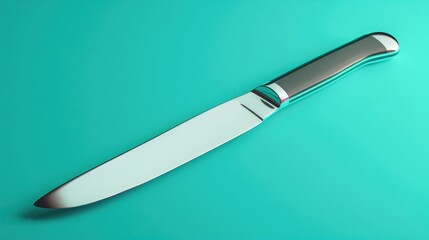 Obraz premium Digital illustration of a sleek stainless steel knife with a vibrant teal backdrop