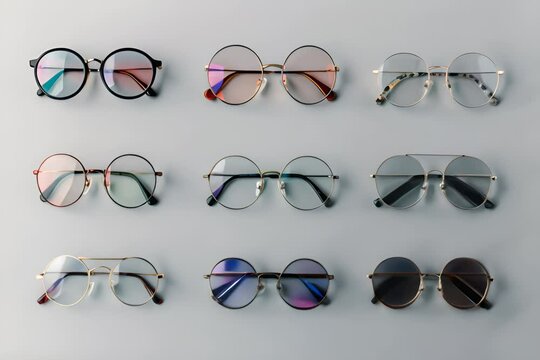 Many glasses on light grey background, different eyewear, stylish eyeglasses set flat lay, ophthalmology concept, trendy oculars, generative ai illustration