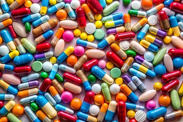 A Variety Of Colorful Pills And Capsules Are Scattered On A White Surface.