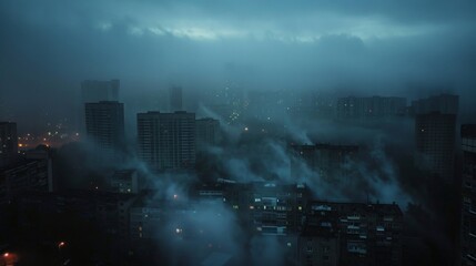 Fototapeta premium Aerial view of a cityscape shrouded in fog and illuminated by streetlights at dusk, creating a mysterious and atmospheric urban scene.