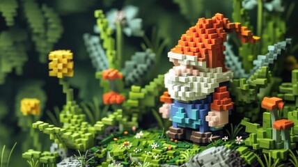 Pixel art garden gnome, quirky and colorful, nostalgic and contemporary