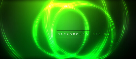 Neon glowing circle rays, light round lines in the dark, planet style neon wave lines. Energetic electric concept design for wallpaper, banner, background